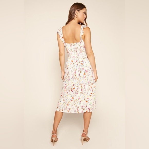 White Multicolor Floral Midi Dress Ruffle Slit Smocked Back - Picture 2 of 4
